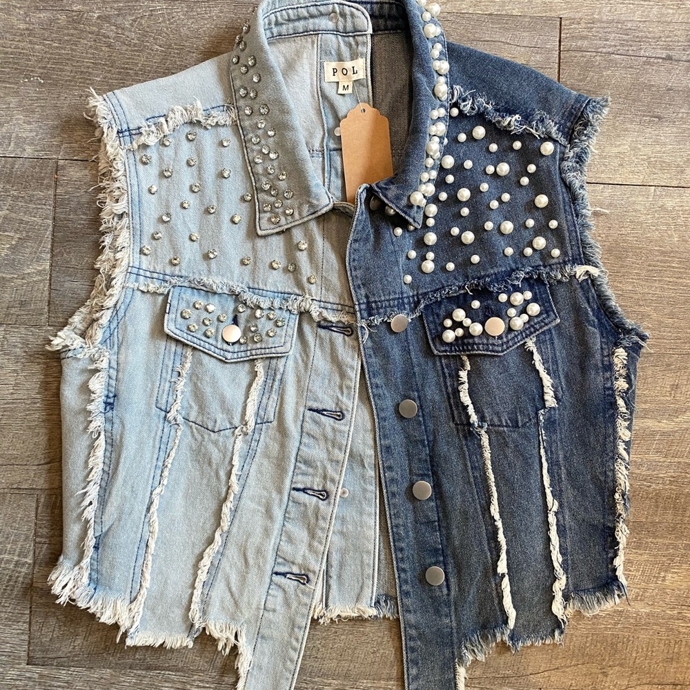 POL Dual Denim Pearls + Rhinestones Fashion Vest | Medium | NWT